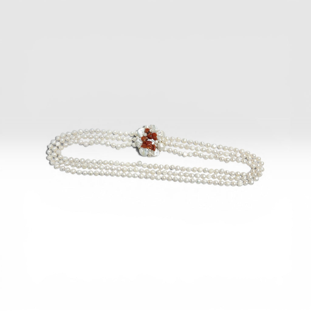 Collana Perla di Fiume, Centralino Corallo, Perla, Argento Dorato.