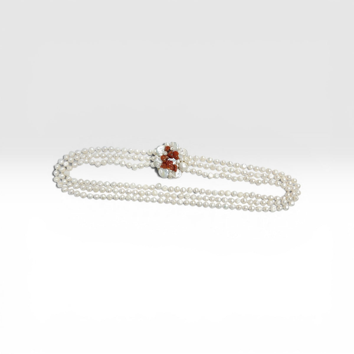 Collana Perla di Fiume, Centralino Corallo, Perla, Argento Dorato.