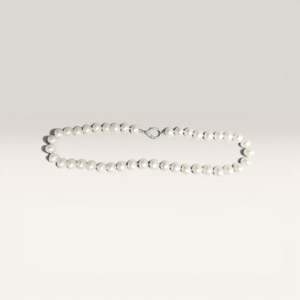 Collana Perla di Fiume Forma Cipolla, Chiusura Argento Sterling e Zirconi.