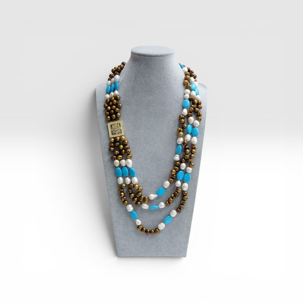 Collana Turchese Naturale, Perla di Fiume Dorata, Perla di Fiume Bianca, 3 Fili, Chiusura Argento Dorato.