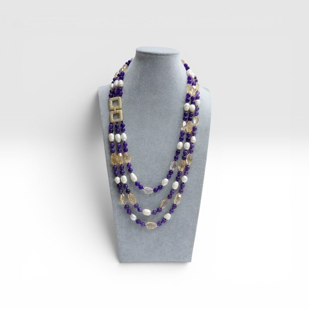 Collana Ametista, Perla di Fiume, Quarzo Citrino, 3 Fili, Chiusura Argento Dorato.