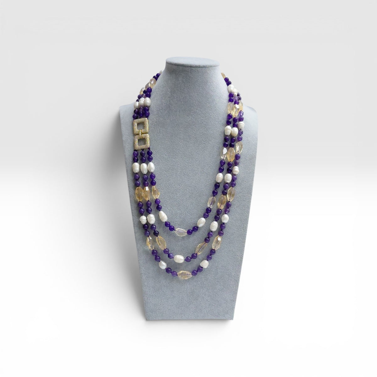 Collana Ametista, Perla di Fiume, Quarzo Citrino, 3 Fili, Chiusura Argento Dorato.