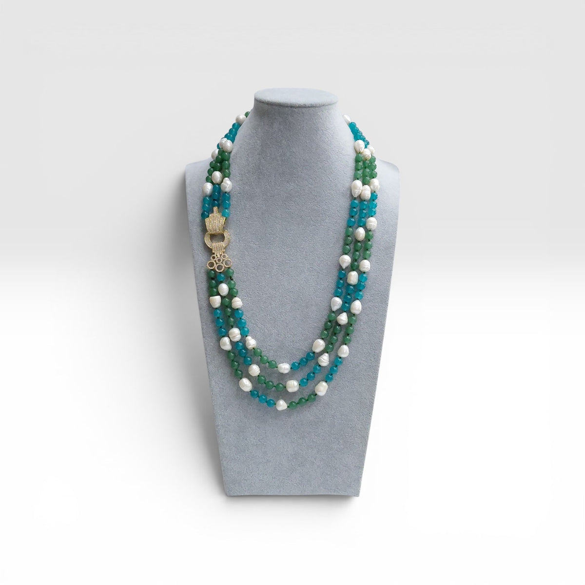 Collana Perla di Fiume, Agata Verde, Agata Blu, 3 Fili, Chiusura Acciaio Dorato, Zirconi.