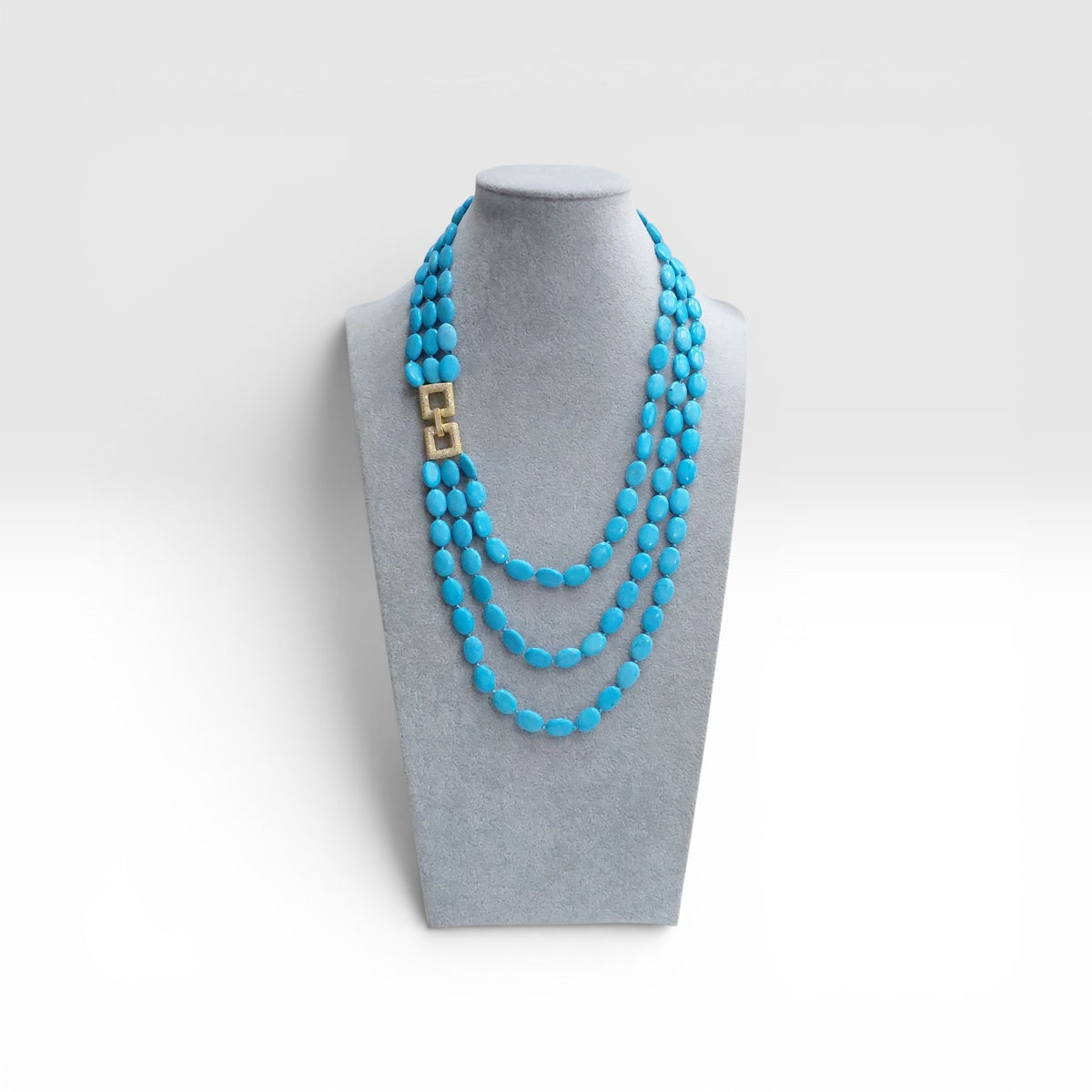 Collana Turchese, Chiusura Argento Dorato con Zirconi, 3 Fili a Scala.
