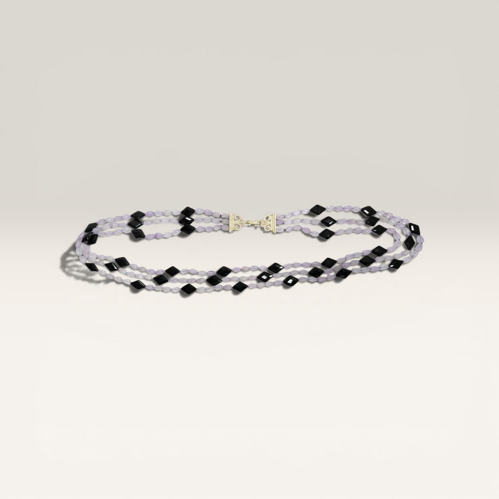 Collana Onice, Ametista Chiara, 3 Fili, Chiusura Argento Dorato.