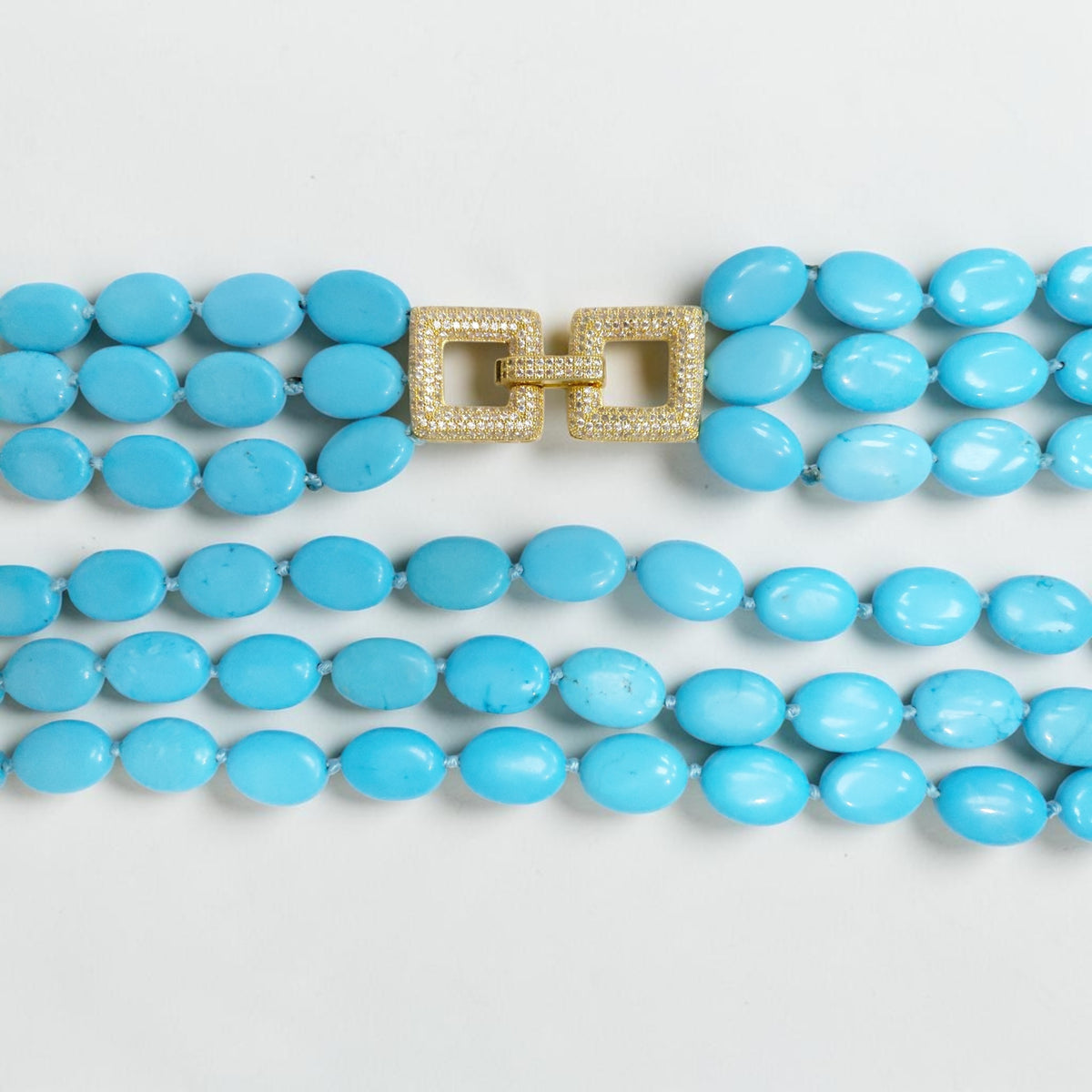 Collana Turchese, Chiusura Argento Dorato con Zirconi, 3 Fili a Scala.