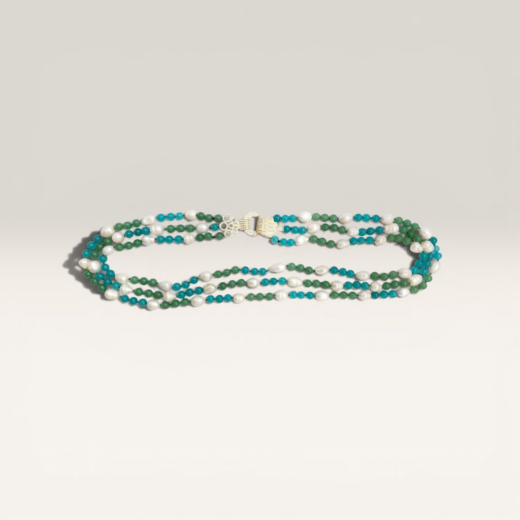 Collana Perla di Fiume, Agata Verde, Agata Blu, 3 Fili, Chiusura Acciaio Dorato, Zirconi.