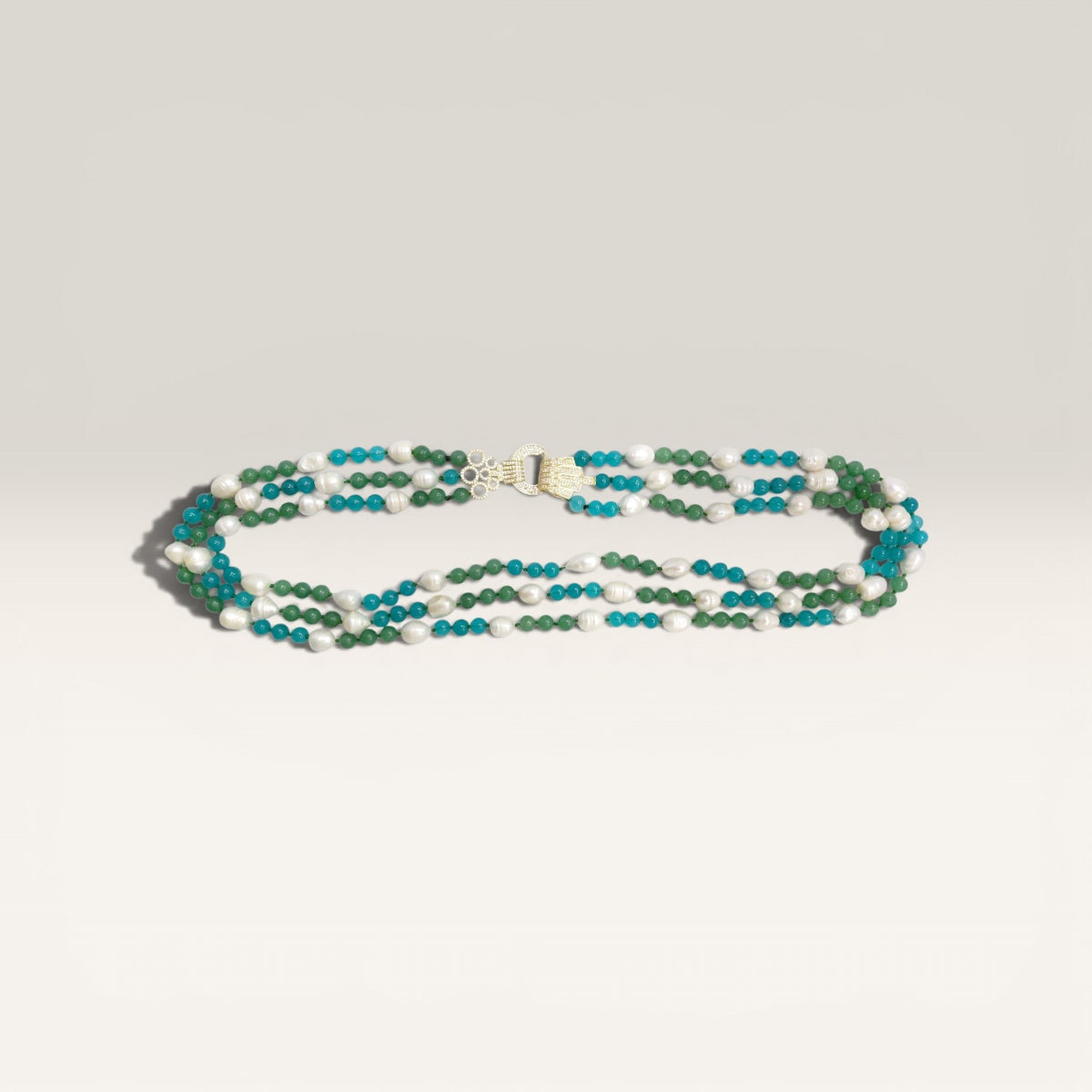 Collana Perla di Fiume, Agata Verde, Agata Blu, 3 Fili, Chiusura Acciaio Dorato, Zirconi.