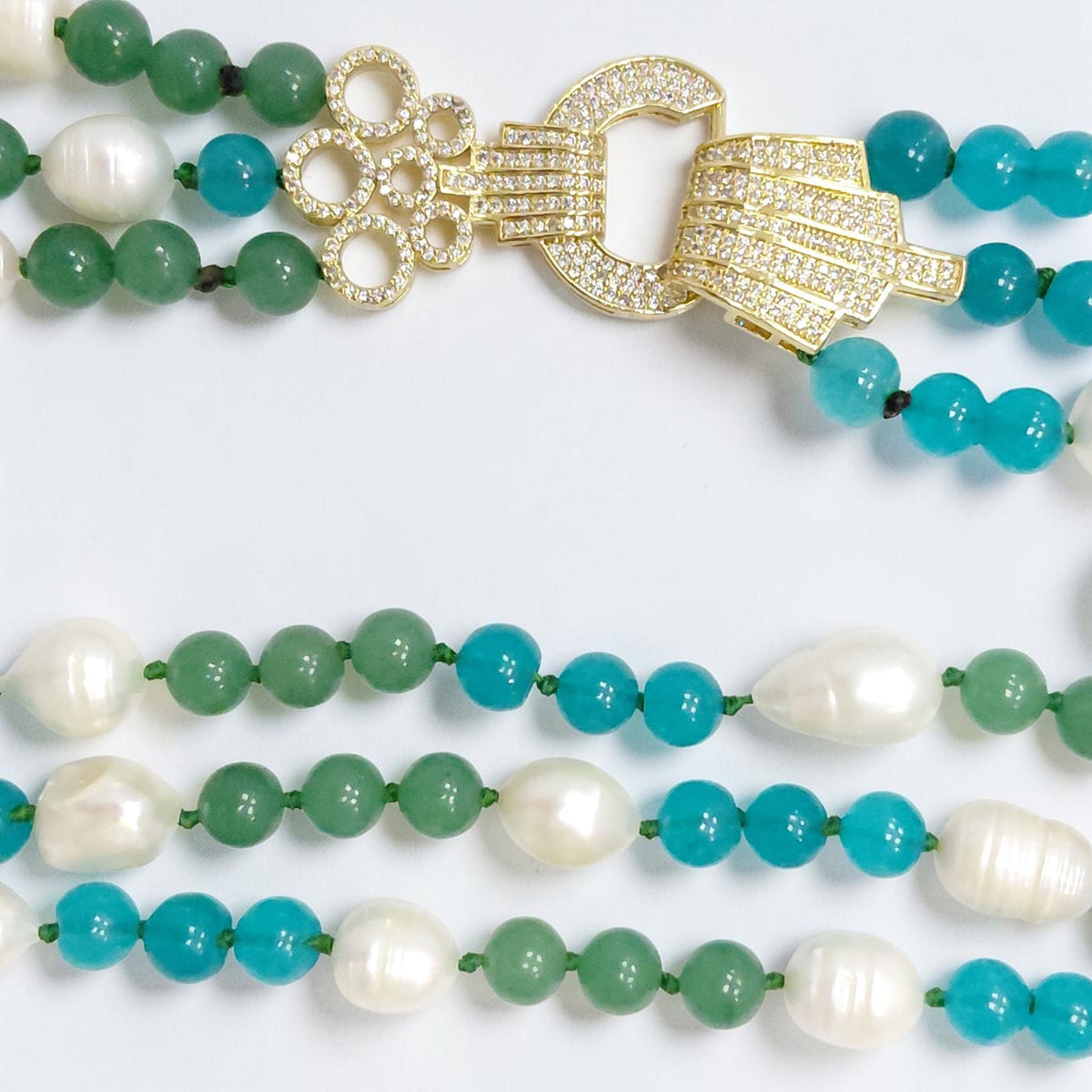 Collana Perla di Fiume, Agata Verde, Agata Blu, 3 Fili, Chiusura Acciaio Dorato, Zirconi.