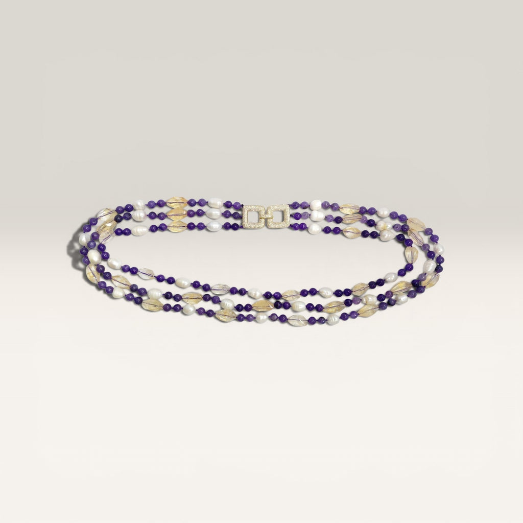 Collana Ametista, Perla di Fiume, Quarzo Citrino, 3 Fili, Chiusura Argento Dorato.