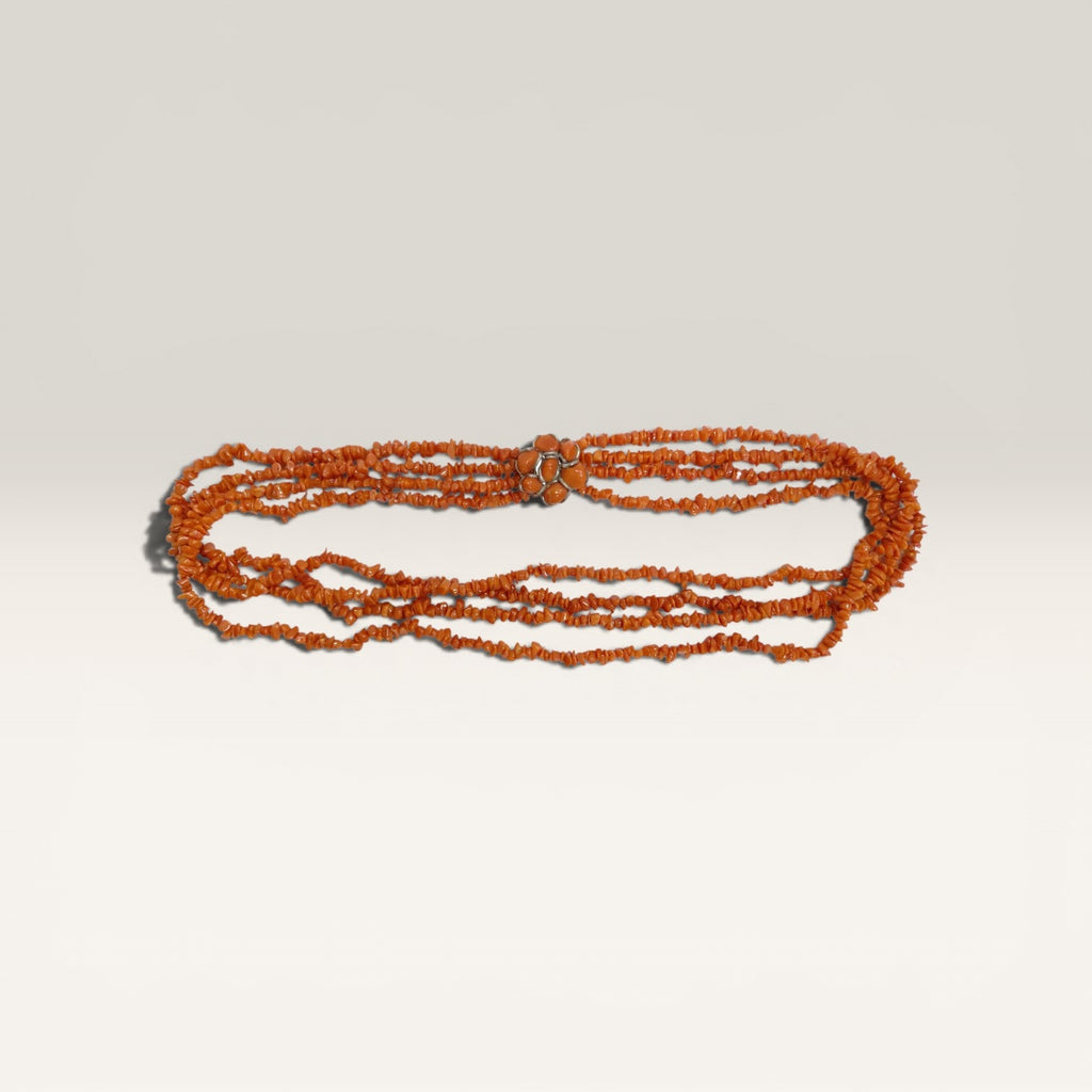Collana Corallo Naturale Rosso Chips Irregolari, Centralino Argento, Corallo, 4 Fili.