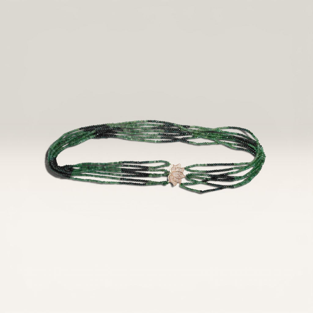 Collana Radice di Smeraldo Sfaccettata, Chiusura Argento Dorato e Zirconi.