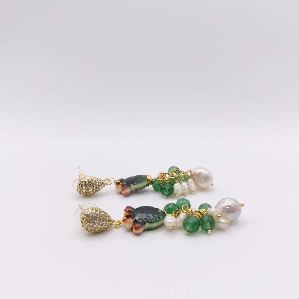 Orecchini Perla di Fiume, Giada, Ottone, Ceramica Siciliana.