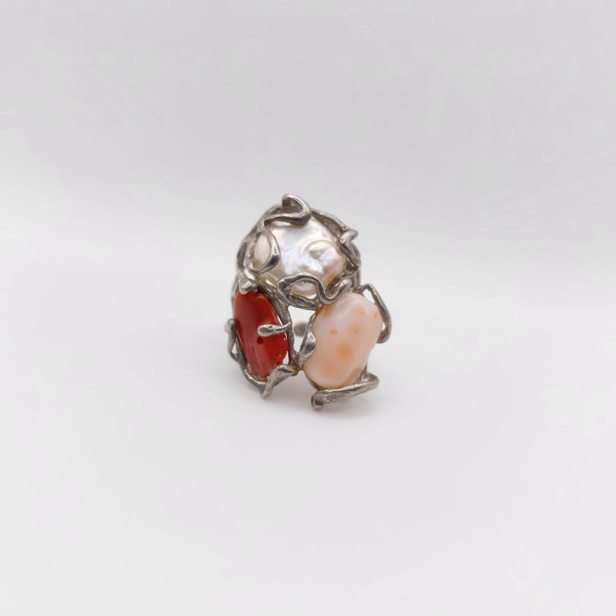 Anello Argento Sterling, Corallo Angelo, Corallo Rosso, Perla Australiana.