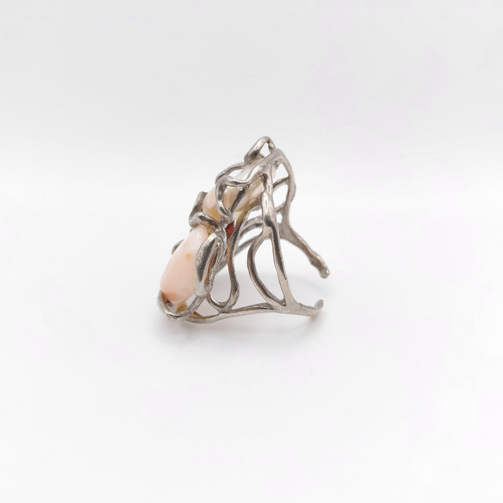 Anello Argento Sterling, Corallo Angelo, Corallo Rosso, Perla Australiana.