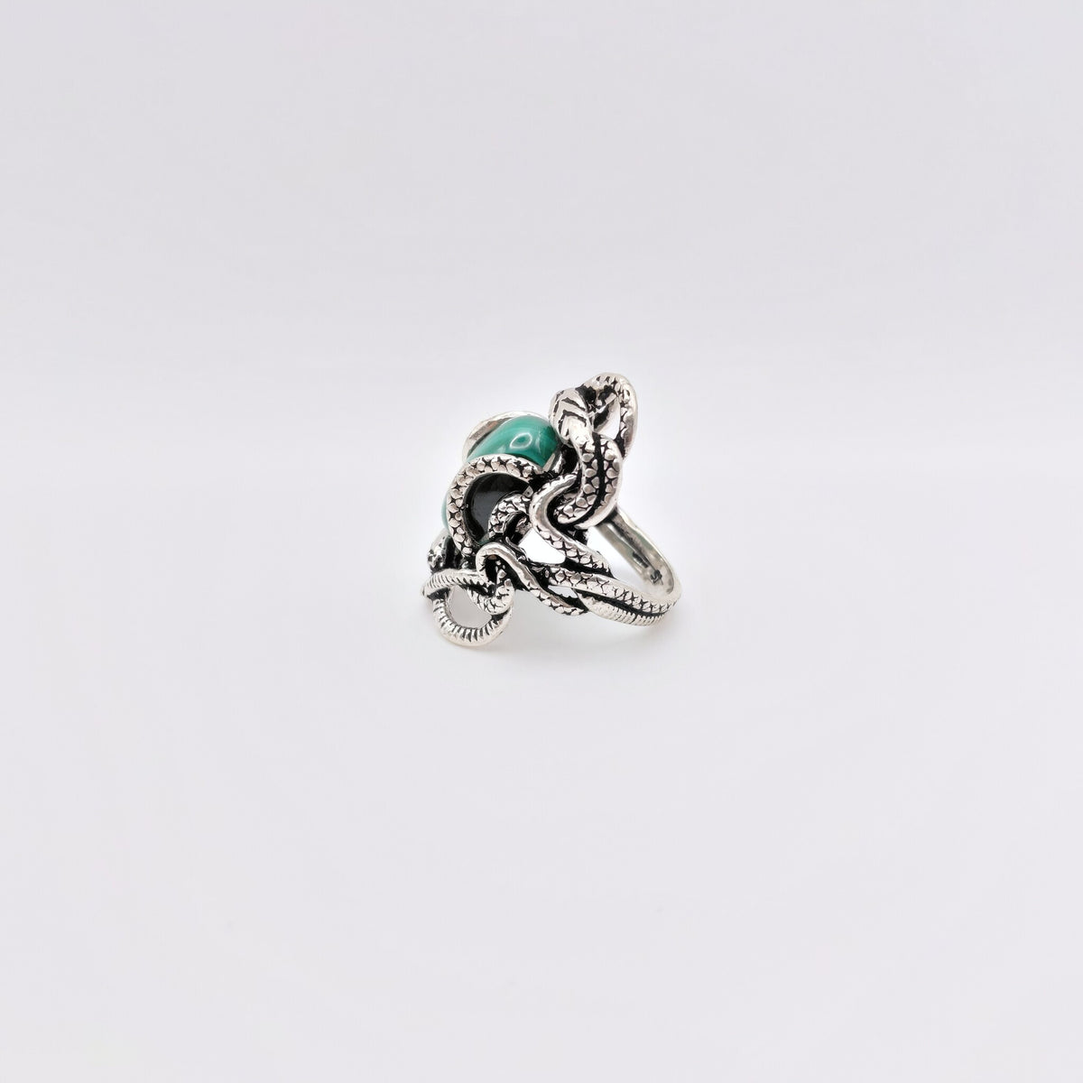 Anello Argento Sterling, Malachite, "Serpenti".