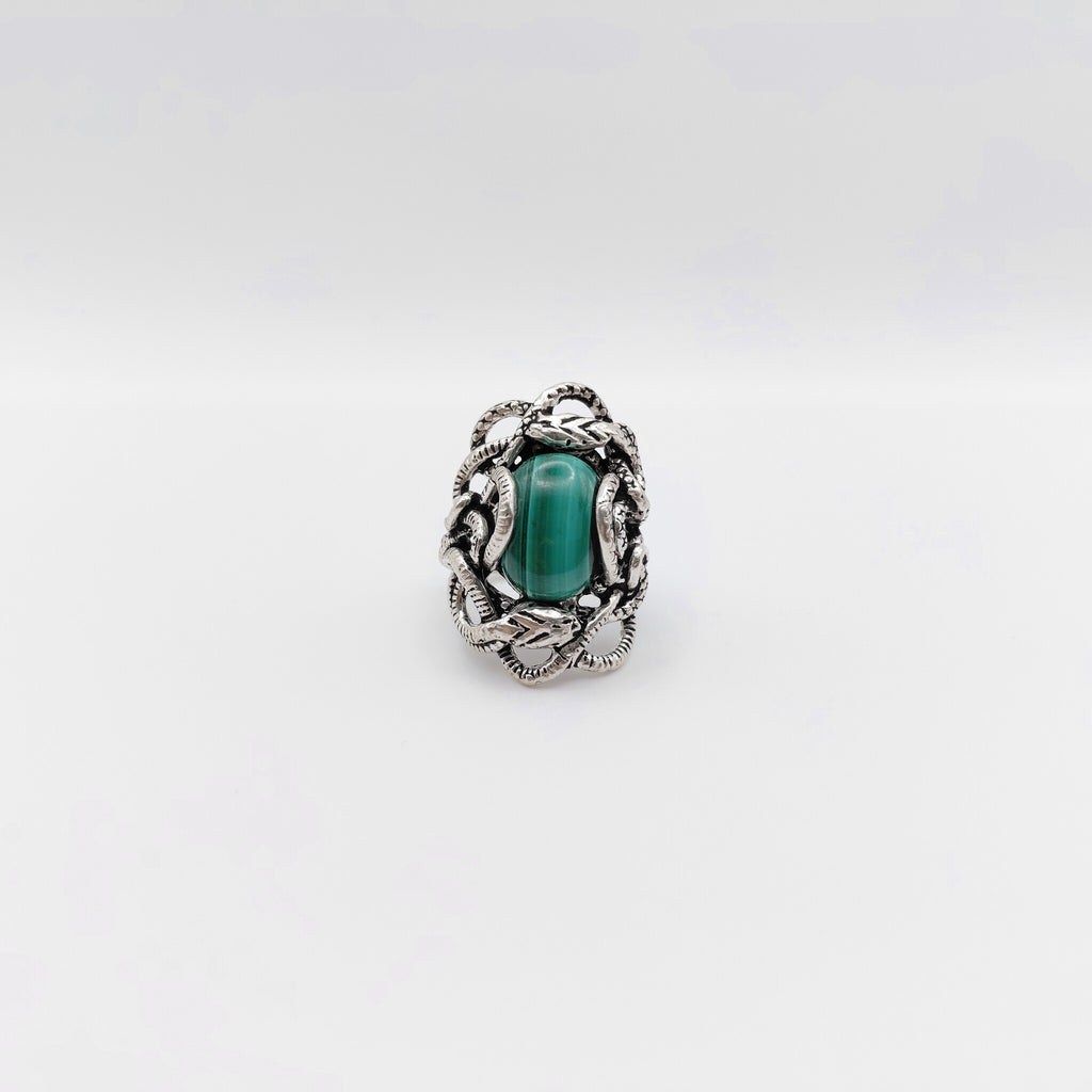 Anello Argento Sterling, Malachite, "Serpenti".