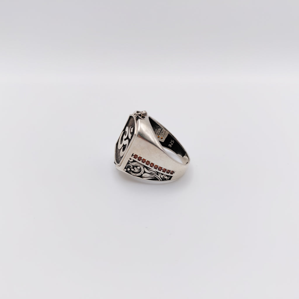 Anello Argento Sterling, Onice, "Due Facce", "Om".