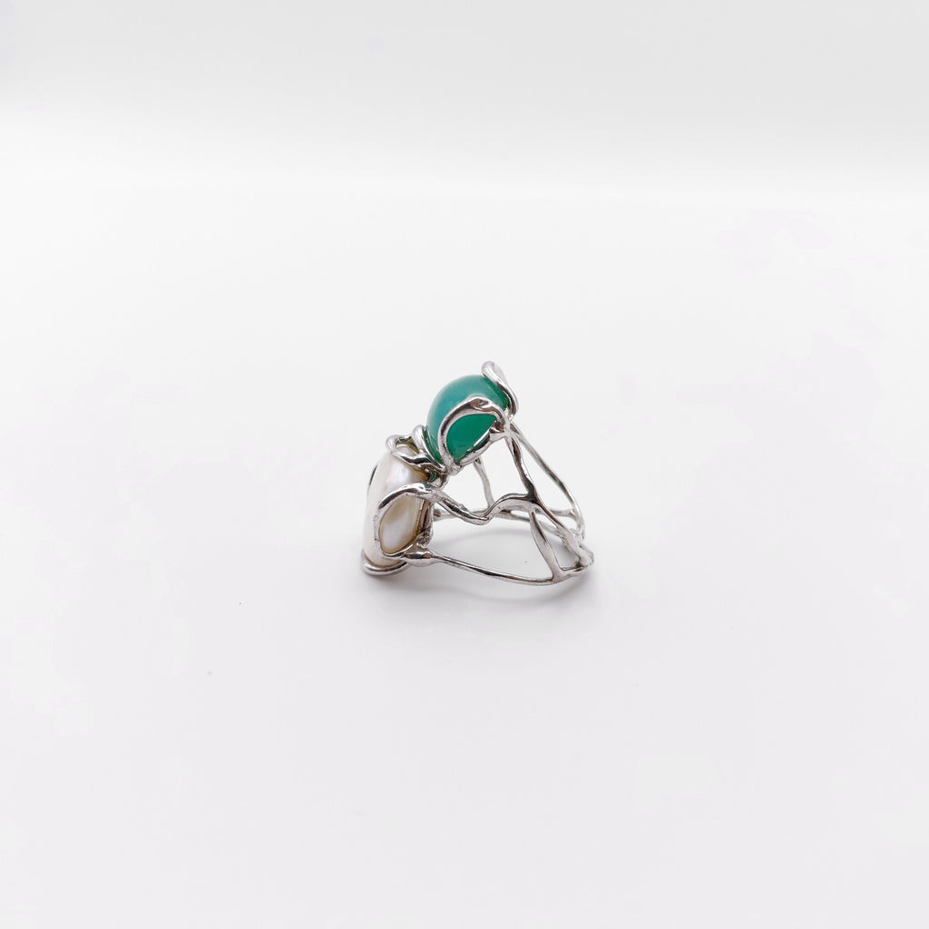 Anello Argento Sterling, Avventurina, Perla Australiana Scaramazza.