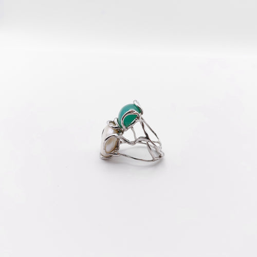 Anello Argento Sterling, Avventurina, Perla Australiana Scaramazza.