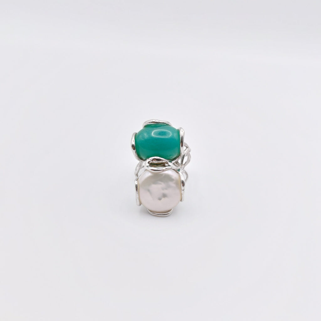 Anello Argento Sterling, Avventurina, Perla Australiana Scaramazza.