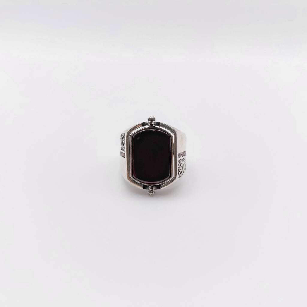 Anello Argento Sterling, Onice, "Due Facce", "Om".