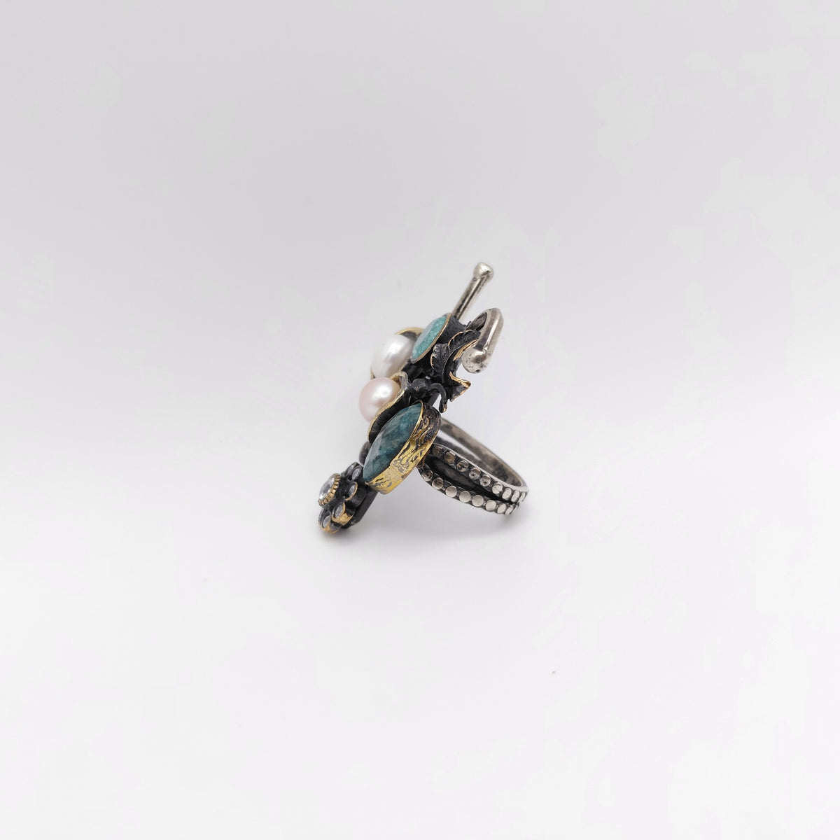 Anello Argento Sterling, Radice di Smeraldo, Zirconi, Perla di fiume, "Fiori".