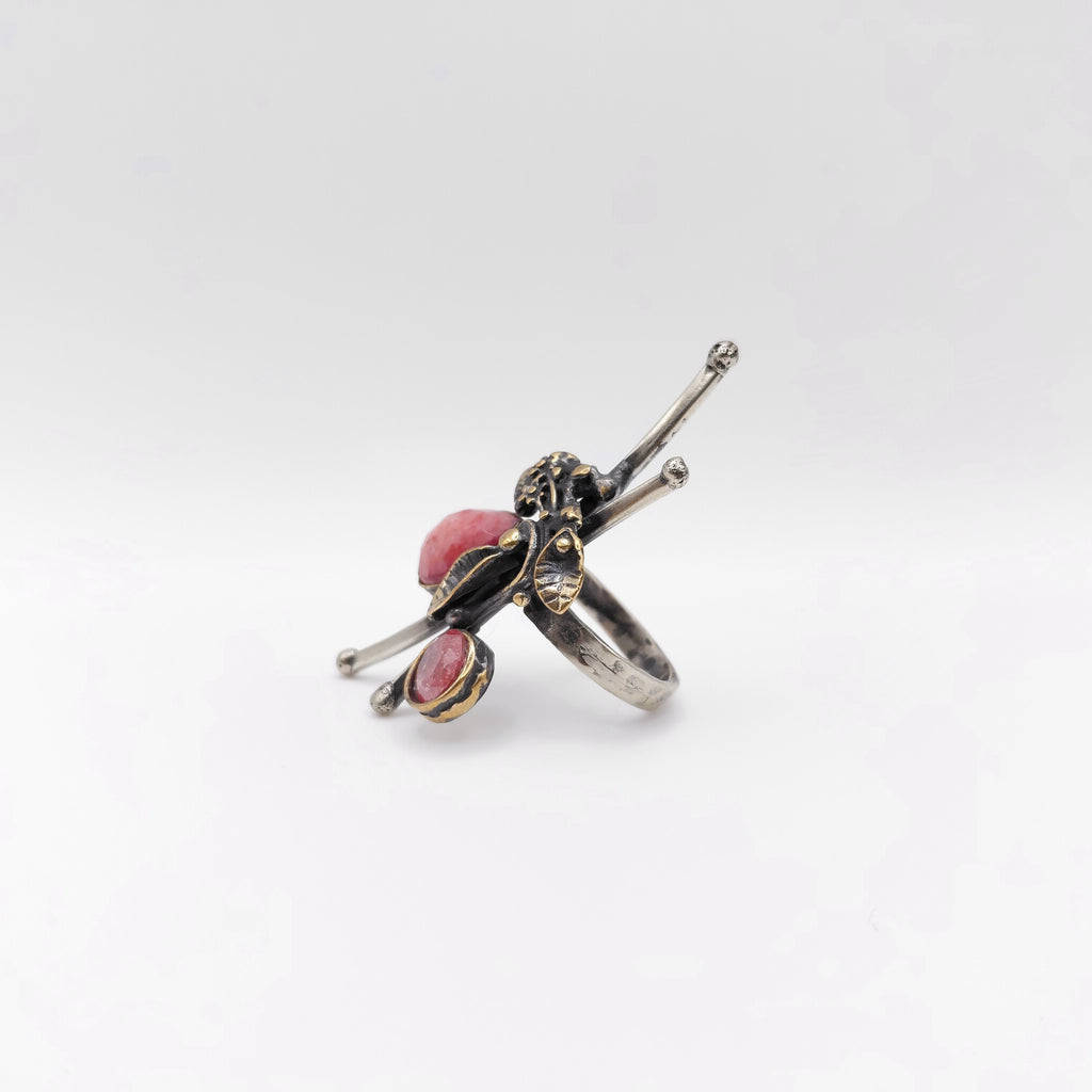 Anello Argento Sterling, Radice di Rubino, "Fiori".