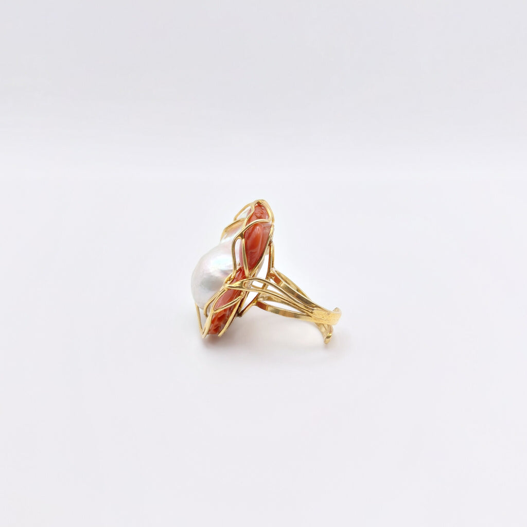 Anello Argento Sterling Placcato in Oro, Corallo, Perla australiana.