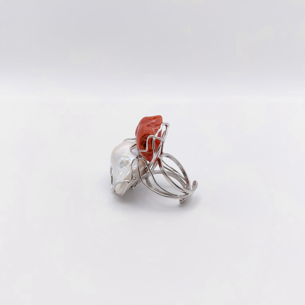 Anello Argento Sterling, Corallo, Perla Australiana