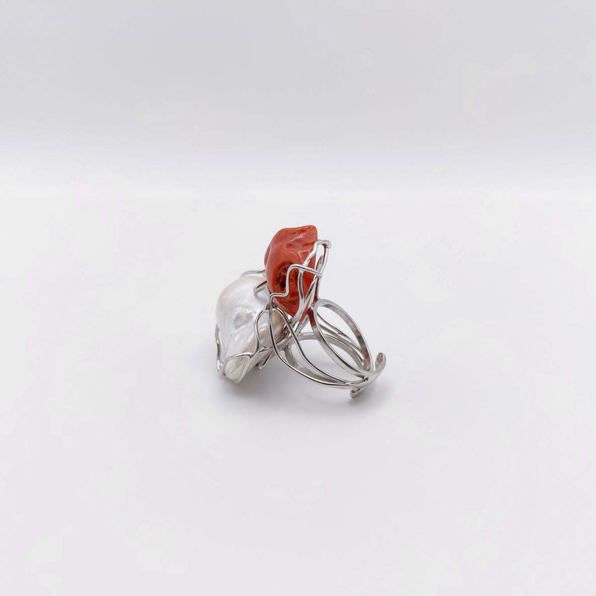 Anello Argento Sterling, Corallo, Perla Australiana