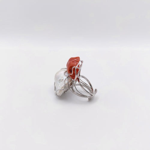 Anello Argento Sterling, Corallo, Perla Australiana