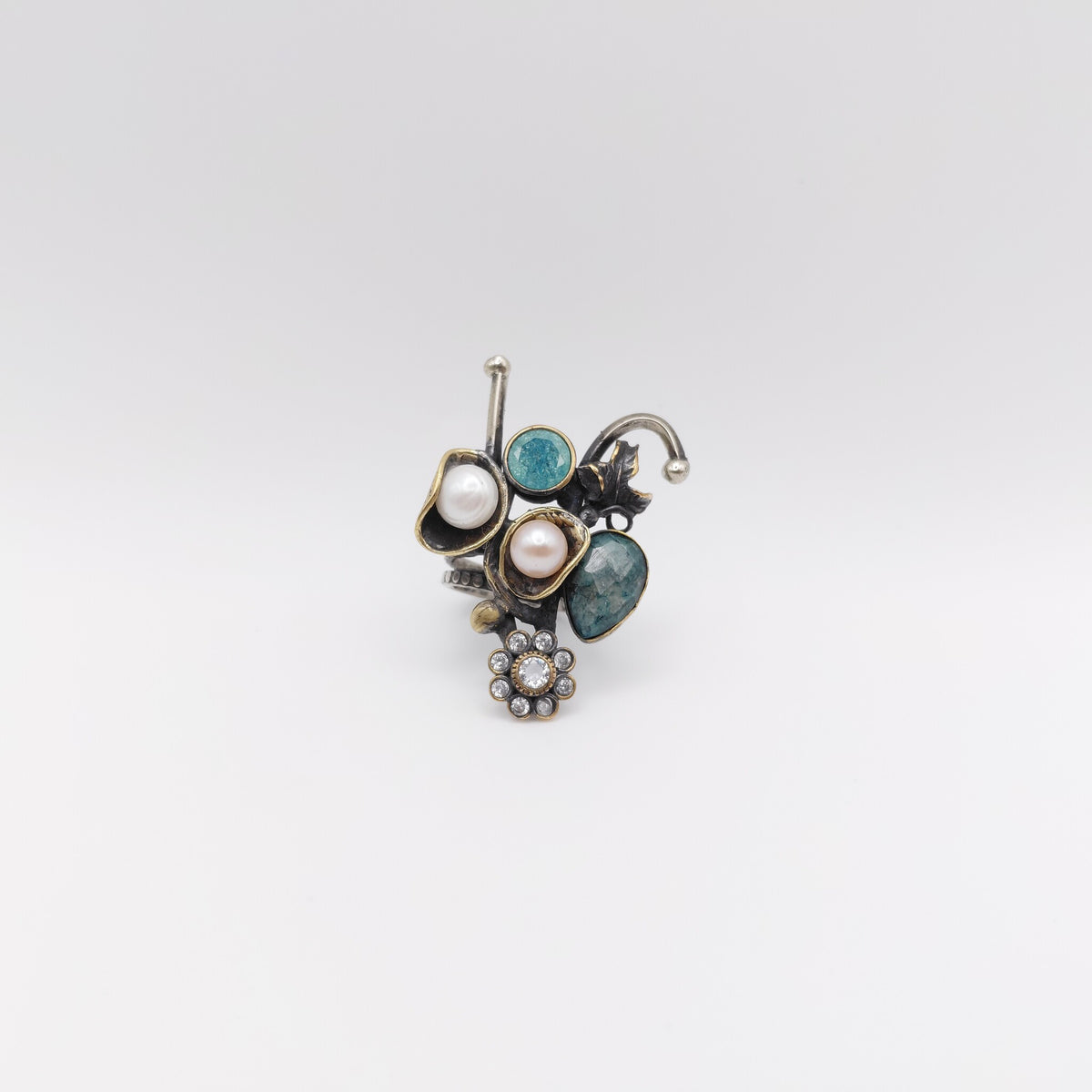 Anello Argento Sterling, Radice di Smeraldo, Zirconi, Perla di fiume, "Fiori".