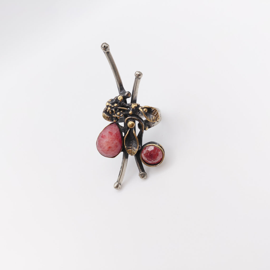 Anello Argento Sterling, Radice di Rubino, "Fiori".