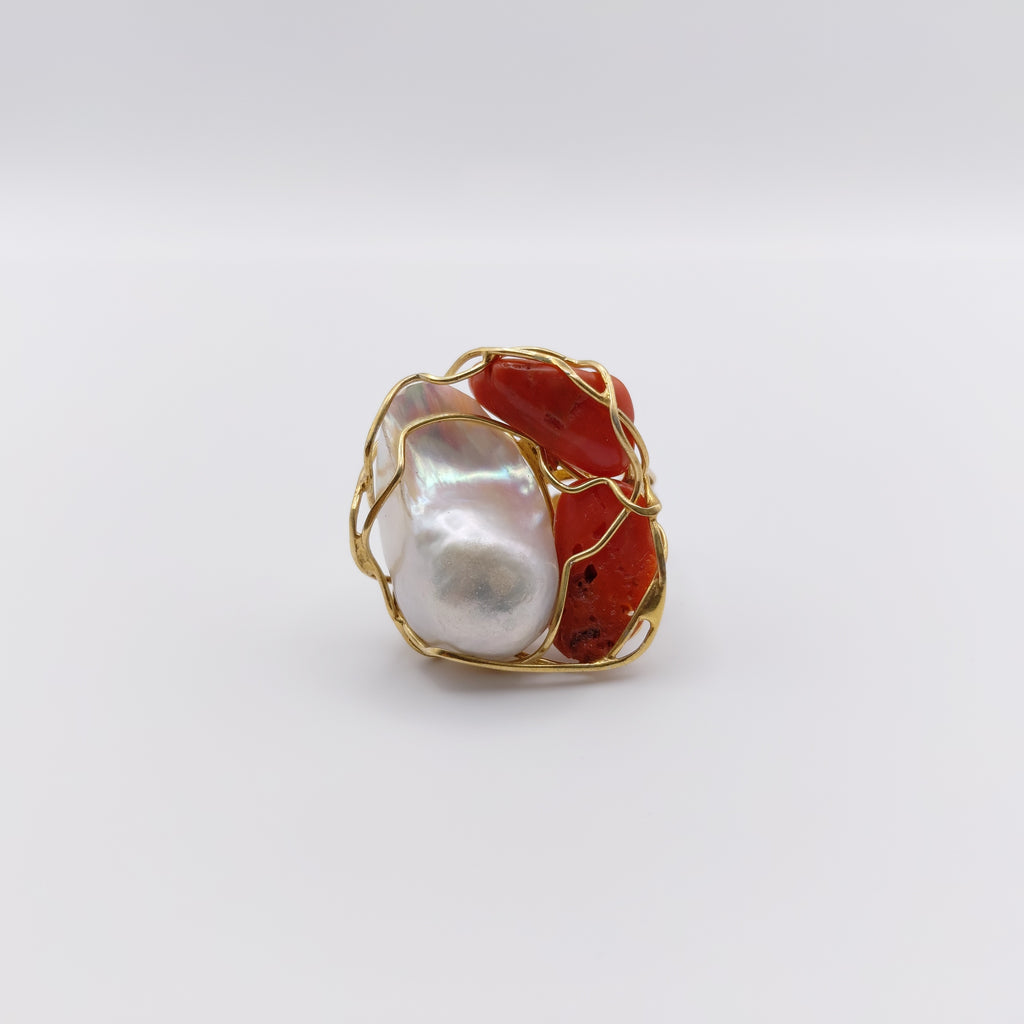 Anello Argento Sterling Placcato in Oro, Corallo, Perla australiana.