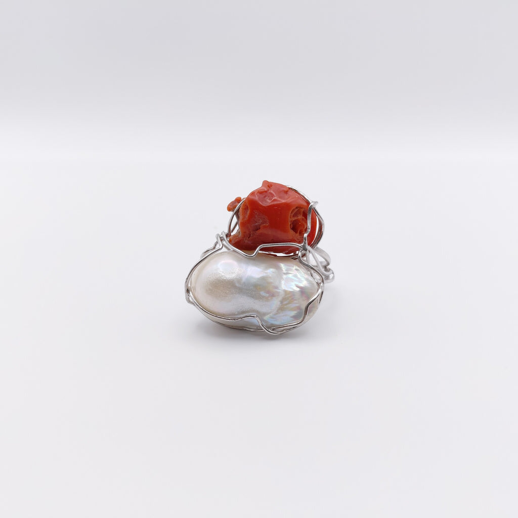 Anello Argento Sterling, Corallo, Perla Australiana