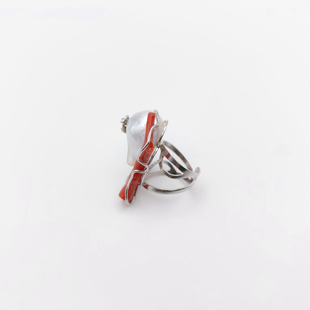 Anello Argento Sterling, Corallo, Zirconi, Perla Scaramazza Australiana.