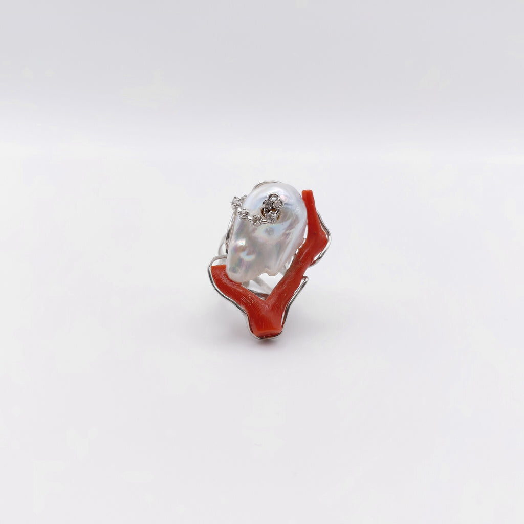 Anello Argento Sterling, Corallo, Zirconi, Perla Scaramazza Australiana.