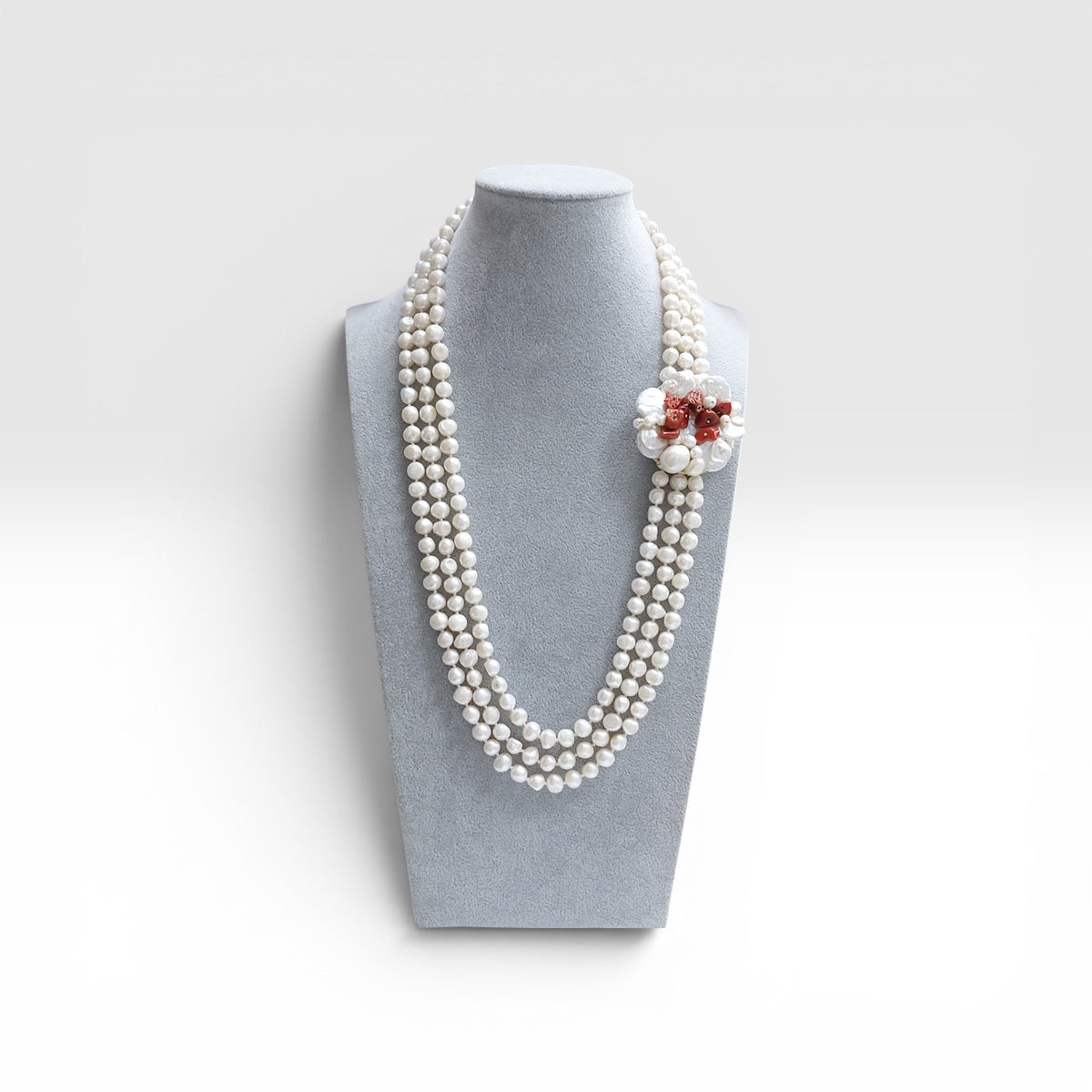 Collana Perla di Fiume, Centralino Corallo, Perla, Argento Dorato.